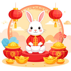 Cute white rabbit in traditional Chinese costume celebrating Lunar New Year with festive decorations.