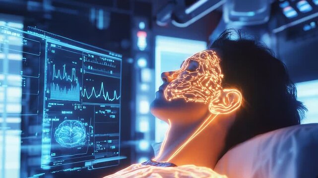 Futuristic brain scan visualizing neural network activity of patient undergoing medical procedure - Powered by Adobe