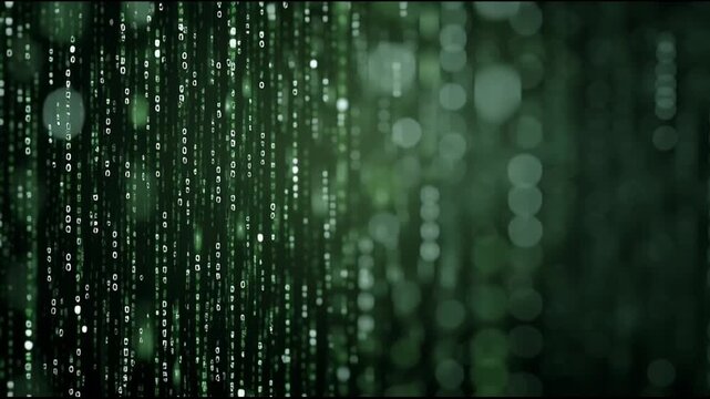 Falling green binary code on digital technology background. Mysterious futuristic cyberspace with abstract data stream