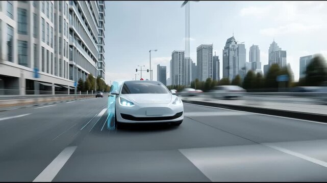 Sleek electric car driving with high speed on modern city highway, vision for future of urban transportation technology