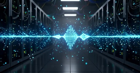 Futuristic data center server room with sound wave visualization effect backdrop