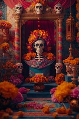 Fototapeta premium A beautifully ornate Día de los Muertos altar with a skull bust centerpiece, surrounded by vibrant marigold flowers and candles
