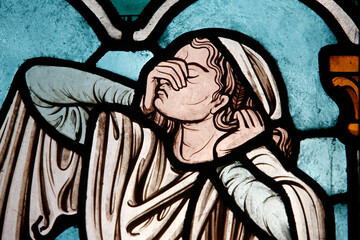 Stained glass in in Notre Dame cathedral  cloister : the story of Sainte Genevive, patron saint of Paris.  Paris. France.