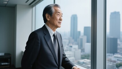 Fototapeta premium 都会の景色を眺め物思いに耽るスーツの男性