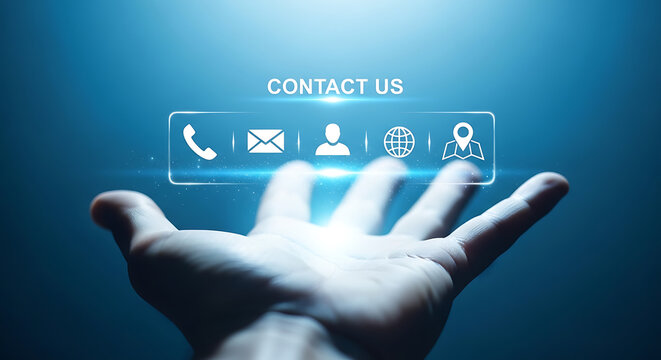 Contact us communication support concept with hand holding icons on virtual screen