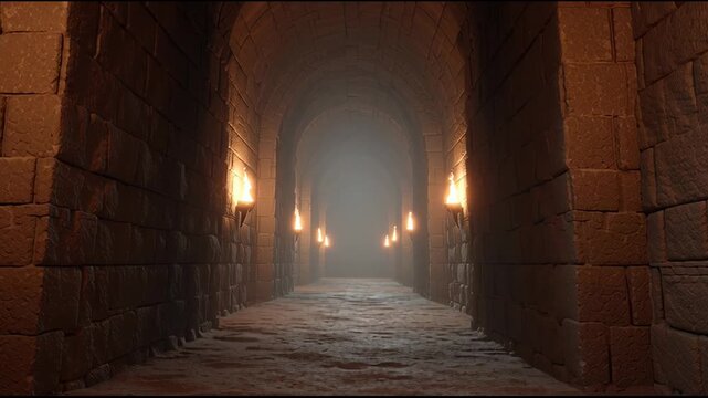 Mysterious dark medieval corridor. long stone passage inside an ancient castle dungeon lit by single flickering torch