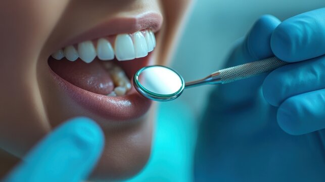 A dentist examining a patient's cracked tooth with a dental mirror, detailed close-up of the damaged area,  on blurred background