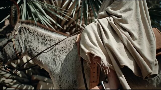 Solemn Palm Sunday story from bible of Jesus donkey ride into Jerusalem. Triumphal Entry in christianity