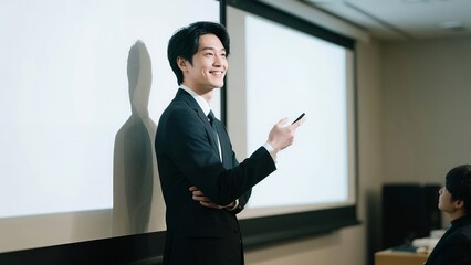 笑顔でプレゼンテーションを行うビジネスマン