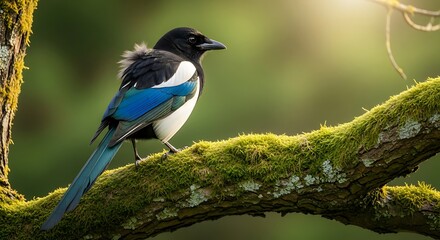 Obraz premium Elegant magpie perched on mossy branch basking in the golden sunlight, a striking moment of nature's beauty and serenity in the peaceful woodland