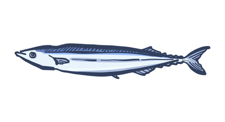 筆で描いた秋刀魚の絵。秋の味覚、サンマのイラスト。新鮮な魚、さんま。A brush-drawn picture of a Pacific saury. An illustration of the autumn delicacy, Pacific saury. Fresh fish, Pacific saury.