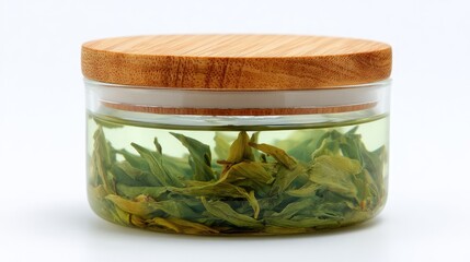 Clear jar filled with pale green tea leaves in water, sealed by a light wood lid, on a white surface