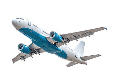 Obraz premium Commercial jet airliner in flight, bright blue and white livery