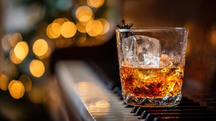 Whiskey on ice sits on piano keys amidst blurred Christmas lights