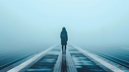 Mysterious woman waiting on deserted railway platform in thick fog with background fading into blank negative space, concept of isolation, emptiness and urban decay