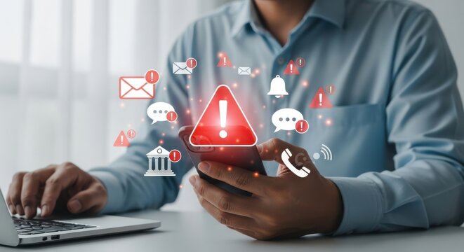 A person holding a smartphone displays a red warning triangle and various notification icons, indicating an alert