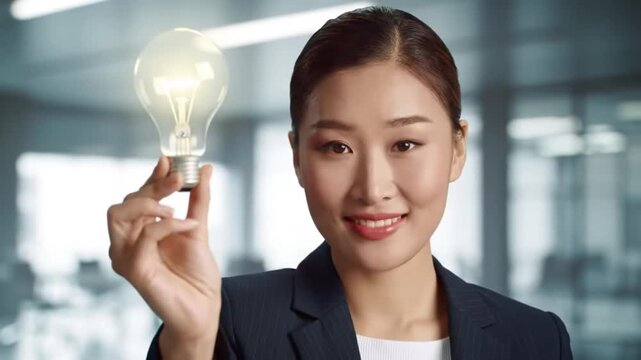Smiling Asian Businesswoman Holding a Glowing Light Bulb, Innovation Concept