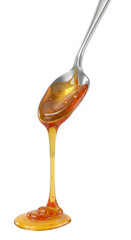 Honey Flows Smoothly from Spoon, Golden Syrup Drips with Transparency; Sweet Treat Background