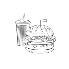 A black and white line art illustration of a fast food meal with a hamburger and a drink.
