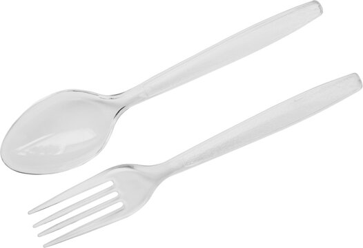 Transparent plastic spoon and fork isolated on white background