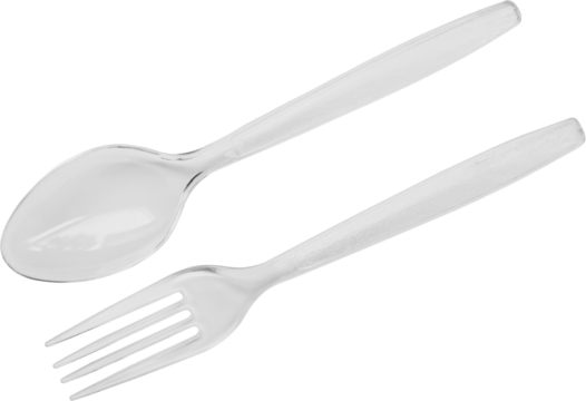 Transparent plastic spoon and fork isolated on white background