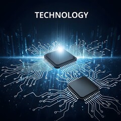 Dark background with glowing microchips and circuit board lines, representing advanced technology, processing power, and digital innovation.