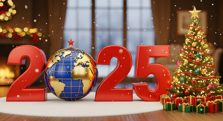 Red numbers and globe forming year with christmas tree and gifts in cozy festive setting indoors