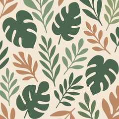 Tropical Botanical Pattern Background with Minimal Flat Leaves and Branches Design
