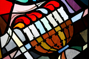 Stained glass in the Jerusalem great Synagogue : menora.  Jerusalem. Israel.