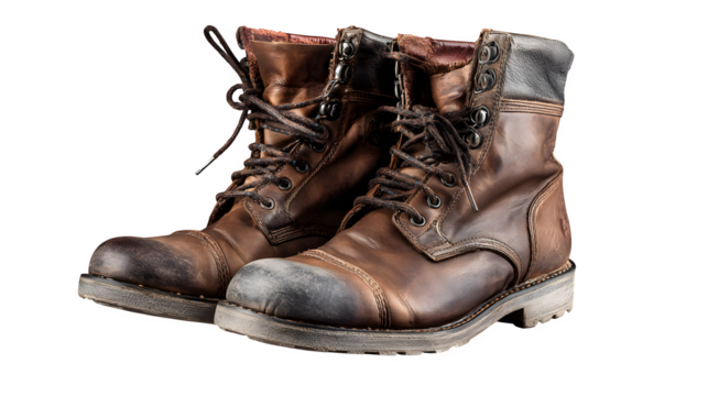rugged brown leather boots isolated on white