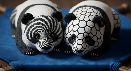 A creative depiction of two unique pandas with contrasting abstract patterns, one with hypnotic swirls and the other with a honeycomb design