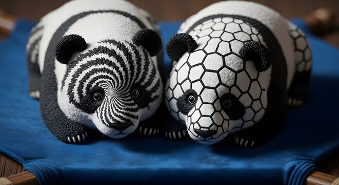A creative depiction of two unique pandas with contrasting abstract patterns, one with hypnotic swirls and the other with a honeycomb design