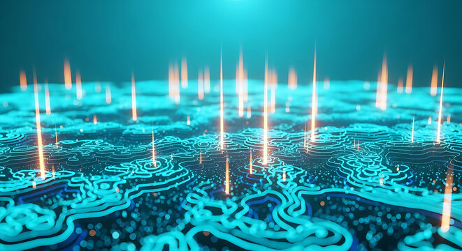 Futuristic technology background with glowing lines and circuit patterns on a blue surface - Powered by Adobe