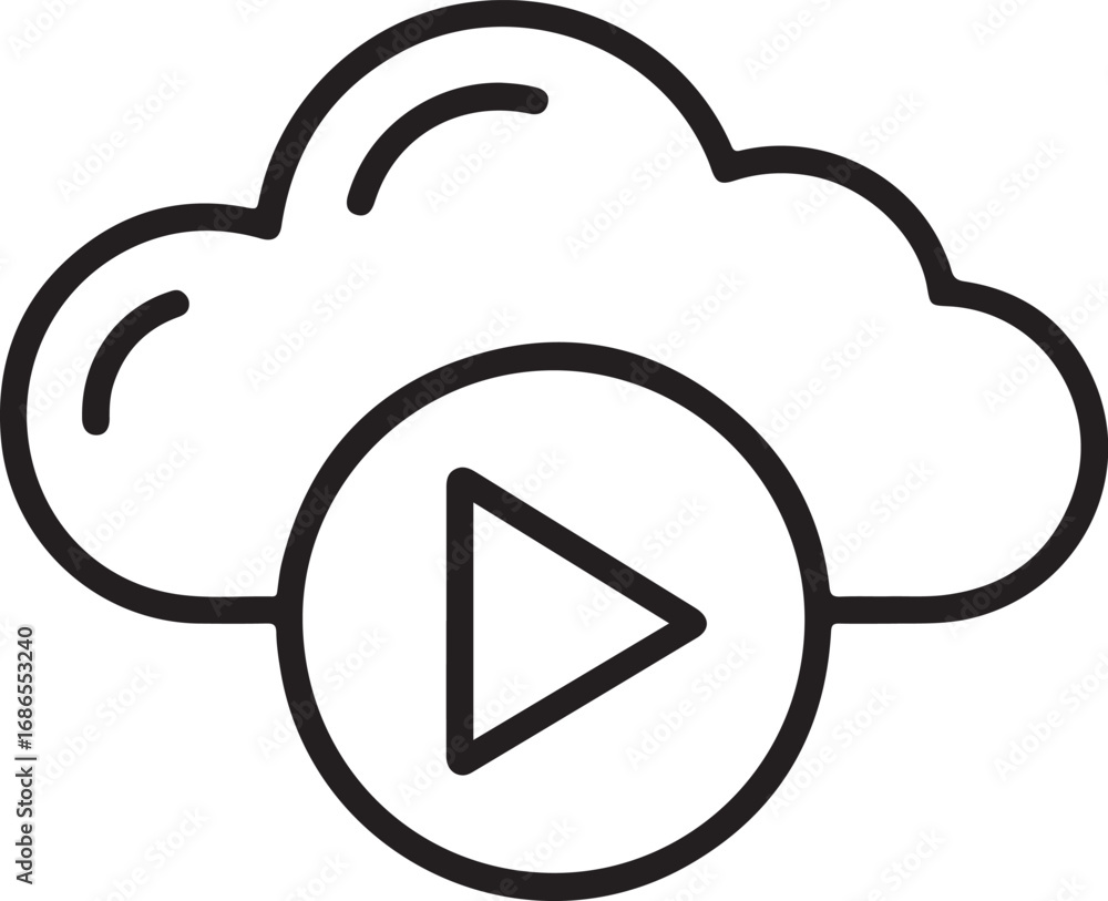 Poster cloud icon with play button symbol representing online video streaming and digital media storage