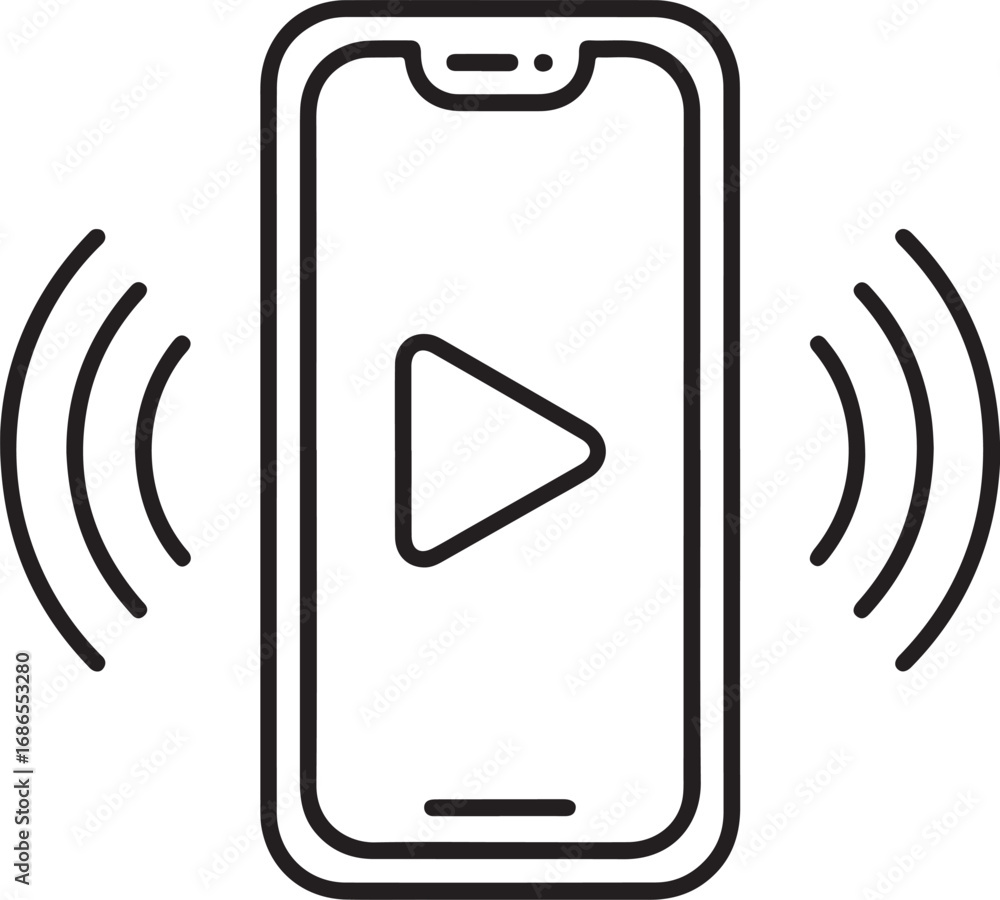 Poster smartphone with play button icon and sound waves indicating incoming notification or call