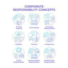 Corporate responsibility blue gradient concept icons. Business ethical commitment. Sustainable choices of company. Icon pack. Vector images. Round shape illustrations for article. Abstract idea