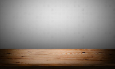 empty room interior,Minimal wooden tabletop with soft gray wall background. Ideal for product mockups, branding presentations, or interior design visuals. High-resolution