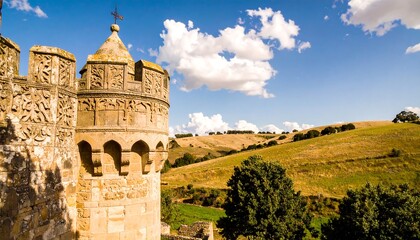 Stone tower, scenic hills