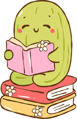 Cute Pickle Reading Book Illustration | Kawaii Vegetable Character with Books | Cozy Reading Sticker