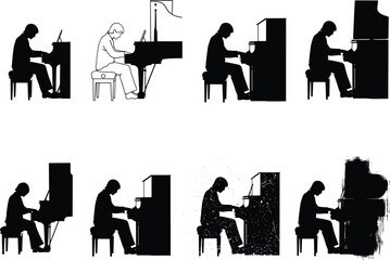 Pianist silhouette collection, man playing piano variations, black and white vector illustration for music design