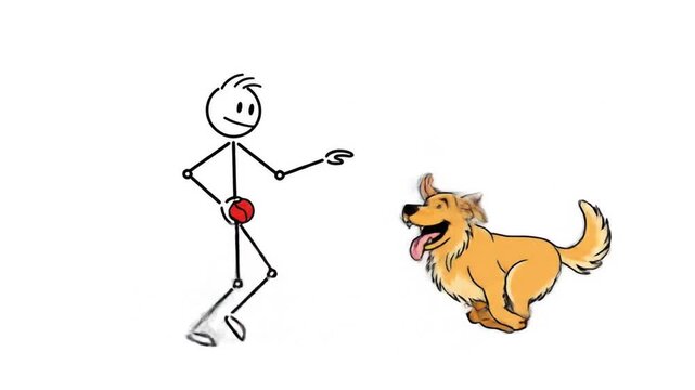 Animated stick figure man throwing a ball to his playful dog in cartoon style