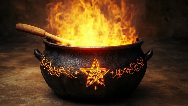 Black cauldron with fire and magic star symbol glowing in dark room with hot flames and wooden spoon