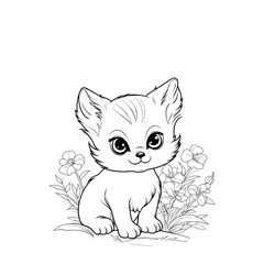 Adorable cartoon kitten sitting amidst flowers.