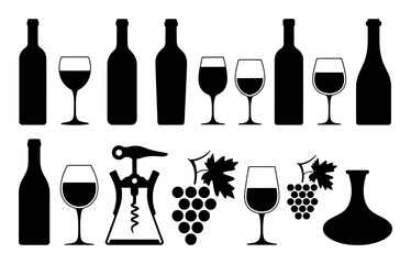 Black Silhouette Icons of Wine Bottles, Glasses, Corkscrew, Grapes, and Decanter