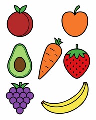 Colorful and Whimsical Assortment of Cartoon Style Fruits and Vegetables Arranged on a White Background Featuring a Variety of Items