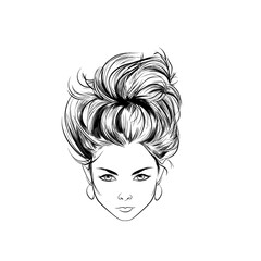 A striking black and white sketch of a woman's face with a messy, voluminous updo hairstyle and large hoop earrings.