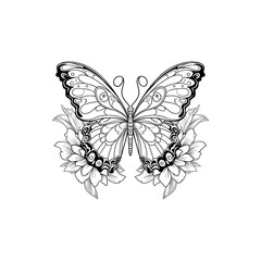 Intricate line art drawing of a butterfly with detailed wing patterns, surrounded by blooming flowers, in a black and white illustration style.