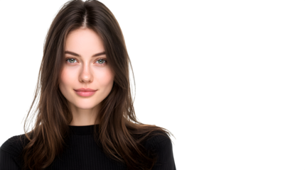 brunette woman with straight hair facing camera isolated on white