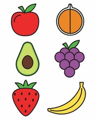 Colorful Assortment of Cartoon Fruit Icons Featuring an Apple, Orange, Avocado, Grapes, Strawberry, and Banana, Perfect for Educational Materials