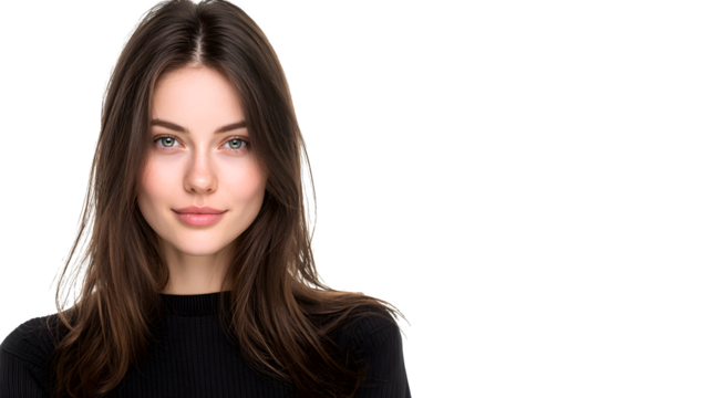 brunette woman with straight hair facing camera isolated on white